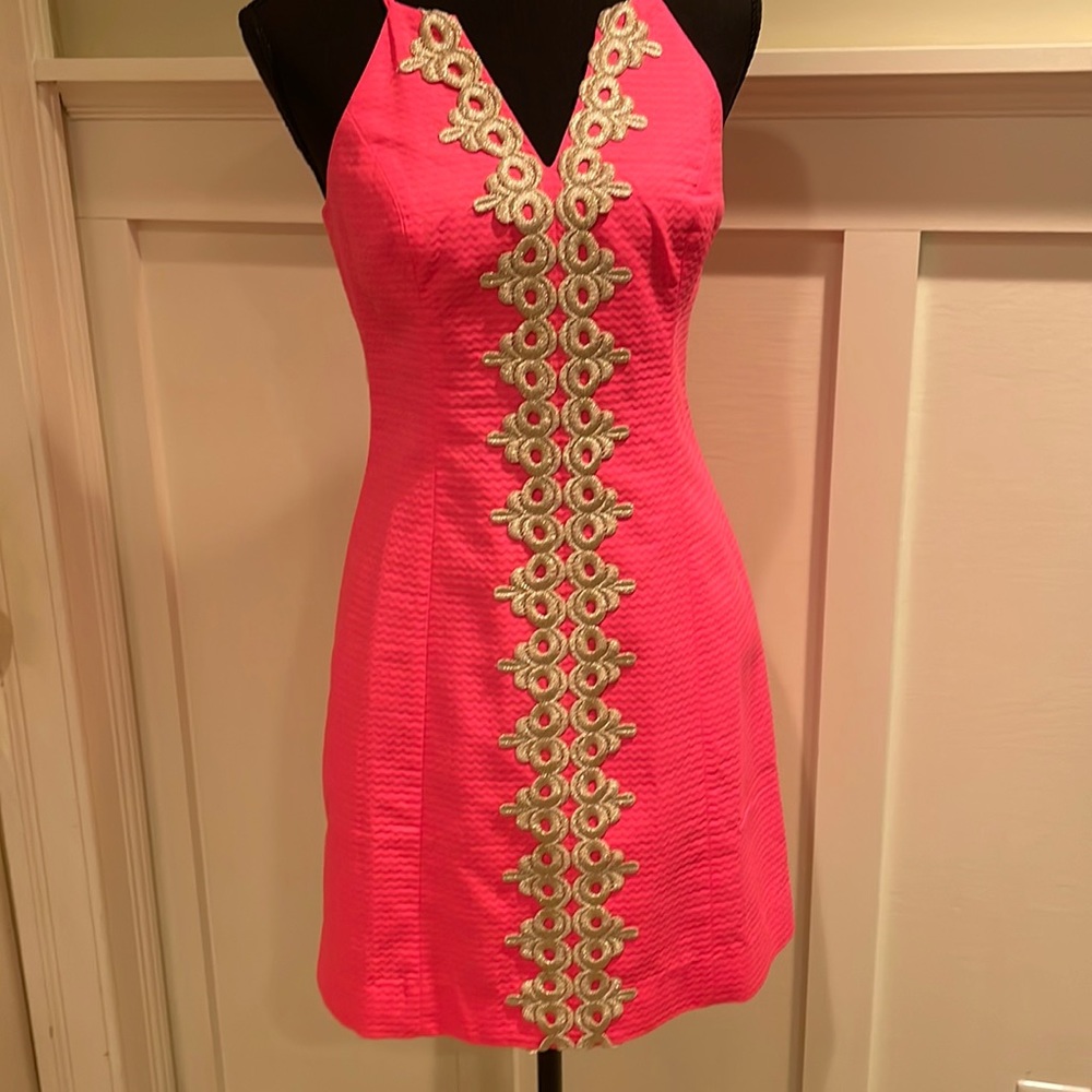 “Bungalow Pink” cotton pique with gold metallic lace overlay dress